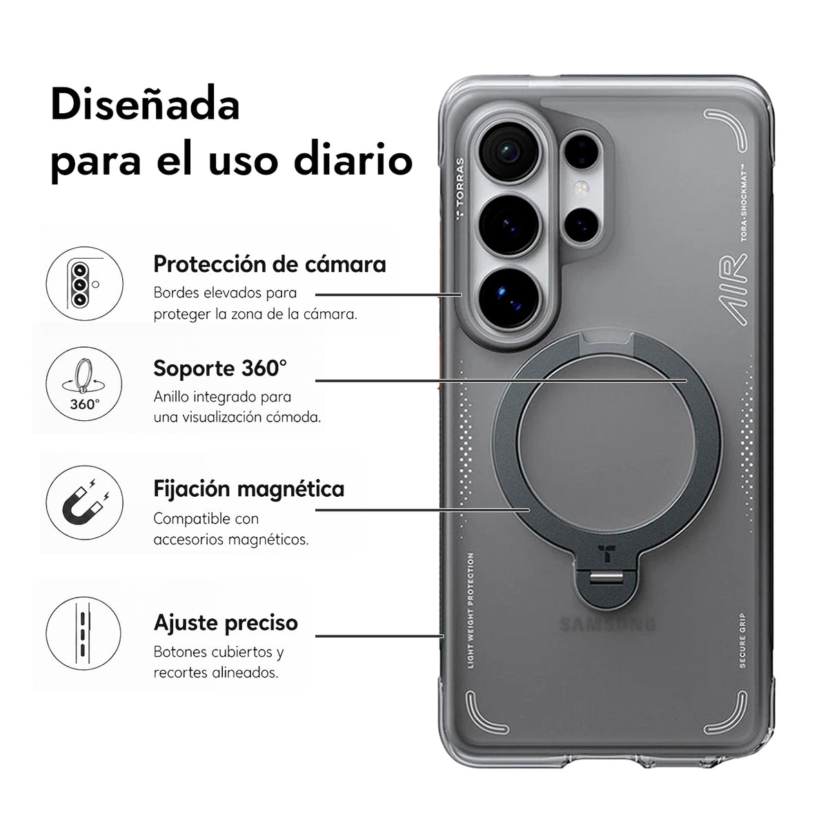 TORRAS Funda Ostand Spin Air Series con Soporte para Galaxy S26 Ultra con Anillo Magnético, Negro