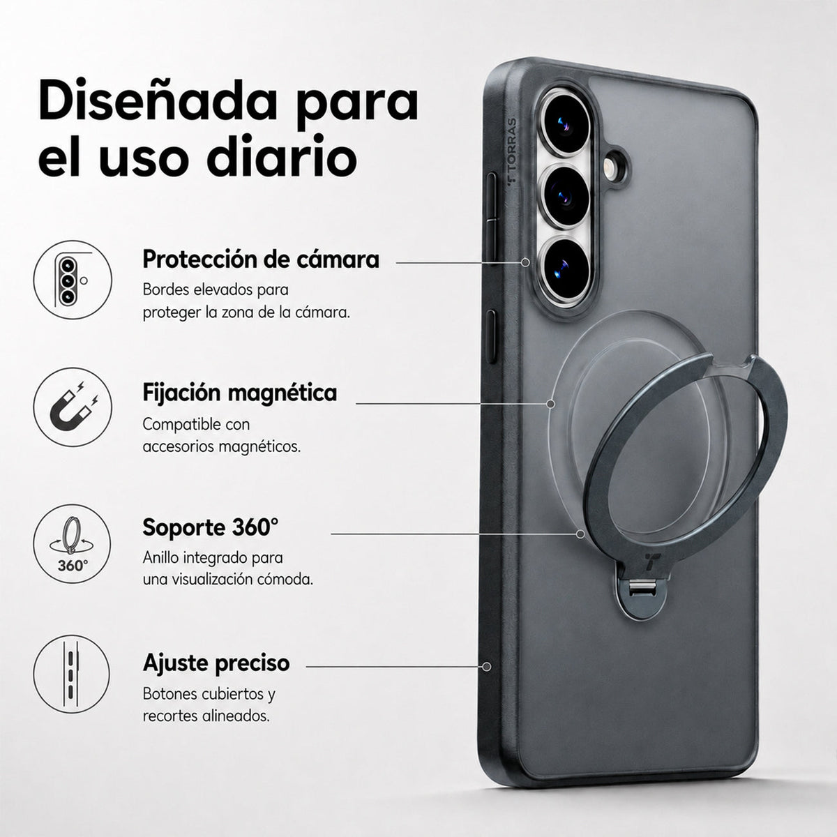 TORRAS Funda Ostand Spin Series con Soporte para Galaxy S26 Plus con Anillo Magnético, Negro