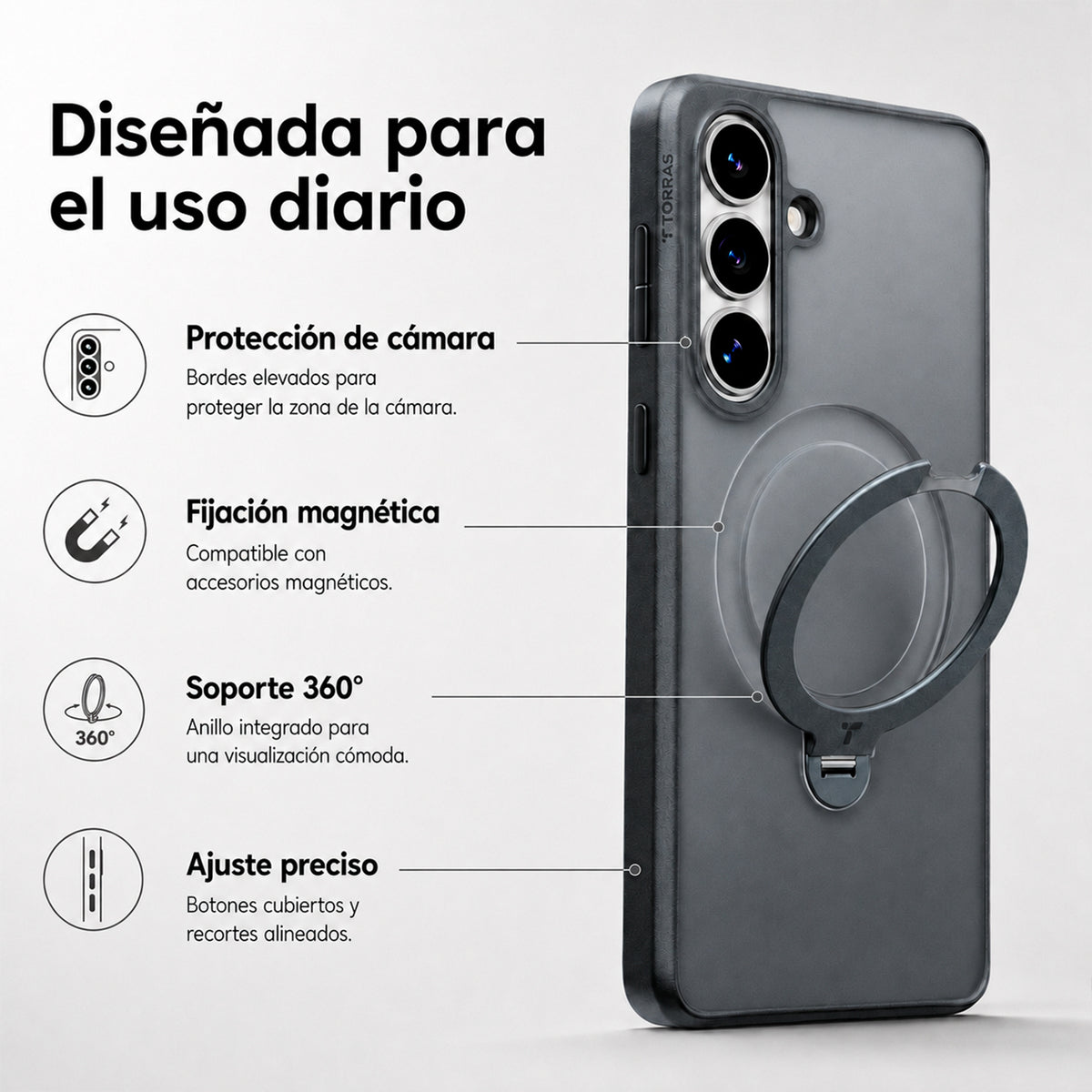 TORRAS Funda Ostand Spin Series con Soporte para Galaxy S26 con Anillo Magnético, Negro