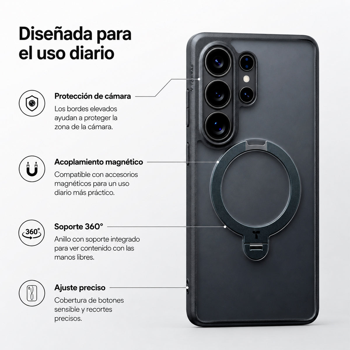 TORRAS Funda Ostand Spin Series con Soporte para Galaxy S26 Ultra con Anillo Magnético, Negro