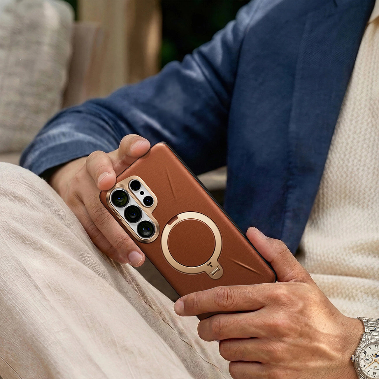 TORRAS Funda Ostand Spin VegSkin Series con Soporte para Galaxy S26 Ultra con Anillo Magnético, Amber Brown