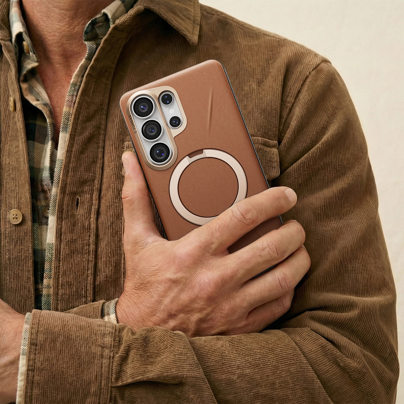 TORRAS Funda Ostand Spin VegSkin Series con Soporte para Galaxy S26 Ultra con Anillo Magnético, Amber Brown