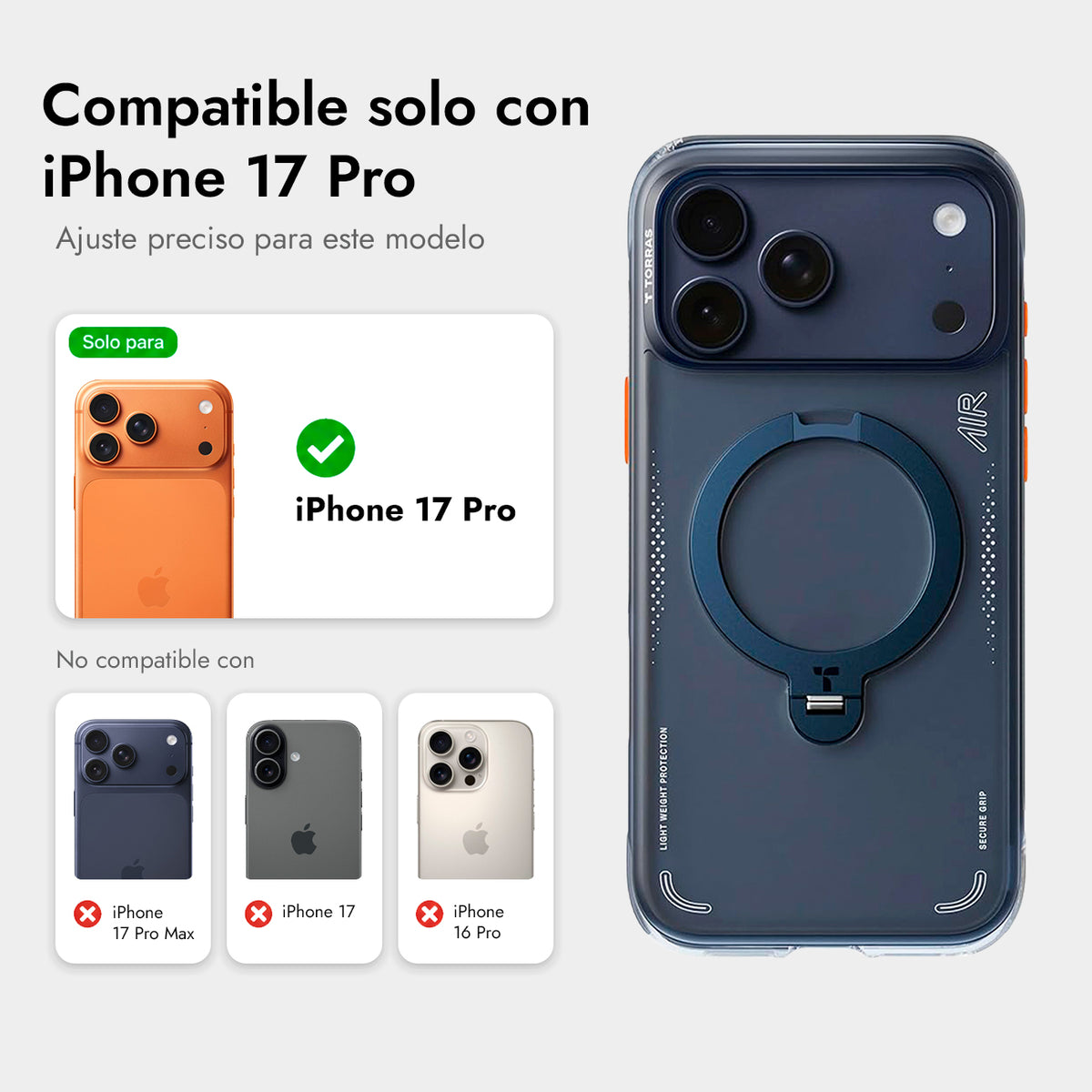 TORRAS Funda Ostand Q3 Air con Soporte Giratorio para iPhone 17 Pro/18 Pro Compatible con MagSafe, Azul Marino