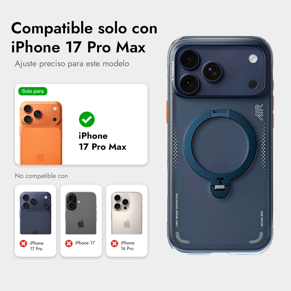 TORRAS Funda Ostand Q3 Air con Soporte Giratorio para iPhone 17 Pro Max/18 Pro Max Compatible con MagSafe, Azul Marino