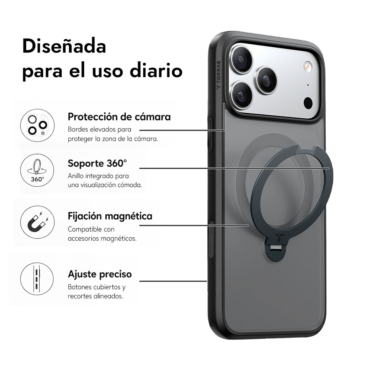 TORRAS Funda Ostand Spin Series con Soporte para iPhone 17 Pro/18 Pro Compatible con MagSafe, Negro