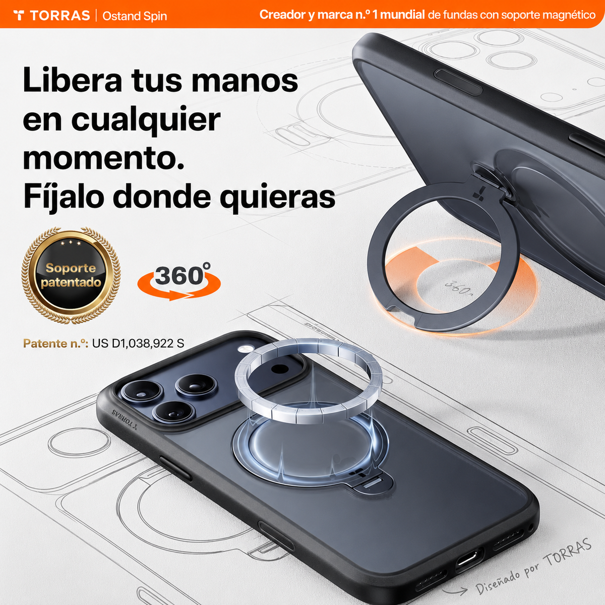 TORRAS Funda Ostand Spin Series con Soporte para iPhone 17 Pro Max/18 Pro Max Compatible con MagSafe, Negro