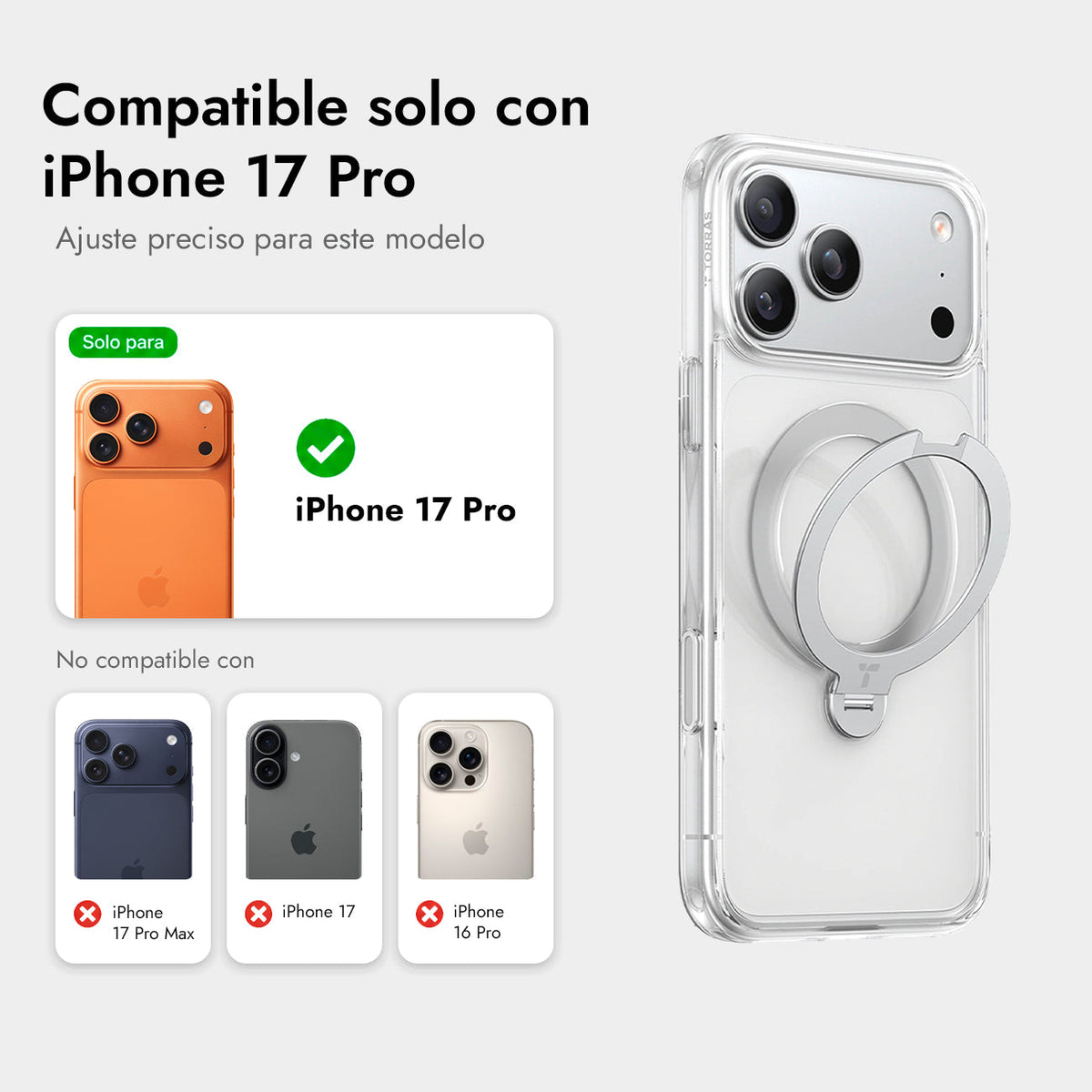 TORRAS Funda Ostand Spin Series con Soporte para iPhone 17 Pro/18 Pro Compatible con MagSafe, Transparente