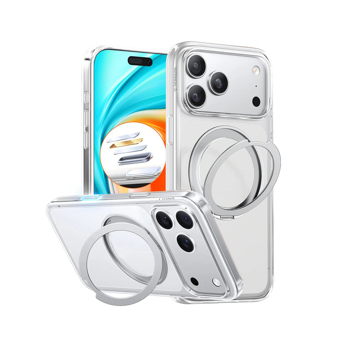 TORRAS Funda Ostand Spin Series con Soporte para iPhone 17 Pro/18 Pro Compatible con MagSafe, Transparente