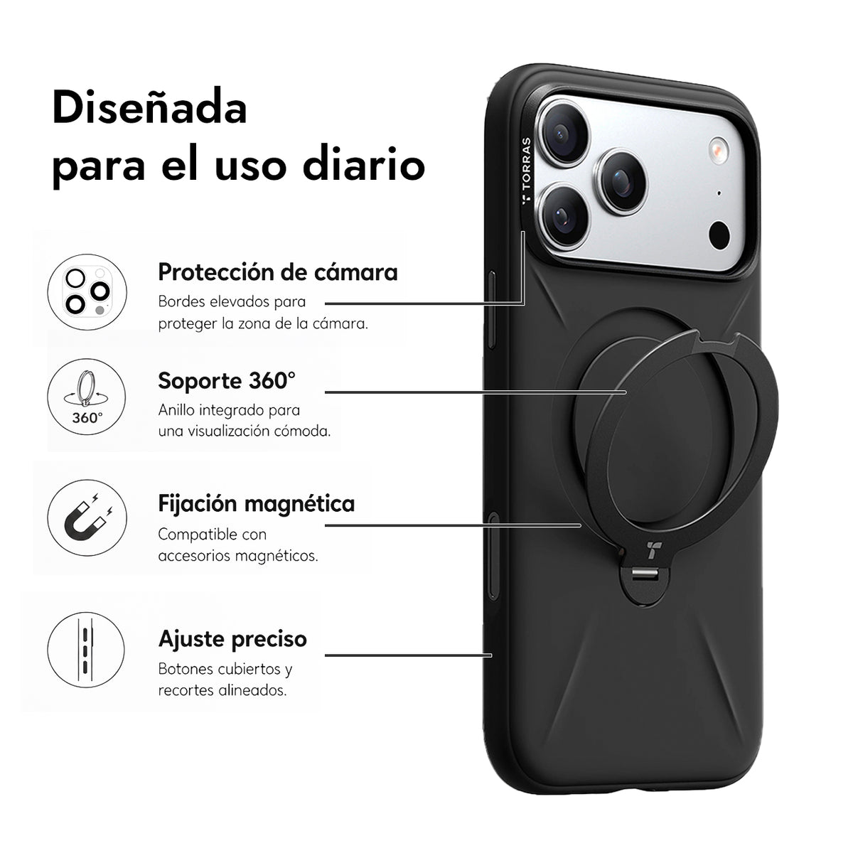 TORRAS Funda Ostand Spin Softune Series con Soporte para iPhone 17 Pro Max/18 Pro Max Compatible con MagSafe, Negro