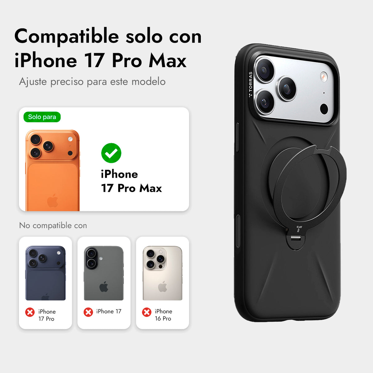 TORRAS Funda Ostand Spin Softune Series con Soporte para iPhone 17 Pro Max/18 Pro Max Compatible con MagSafe, Negro