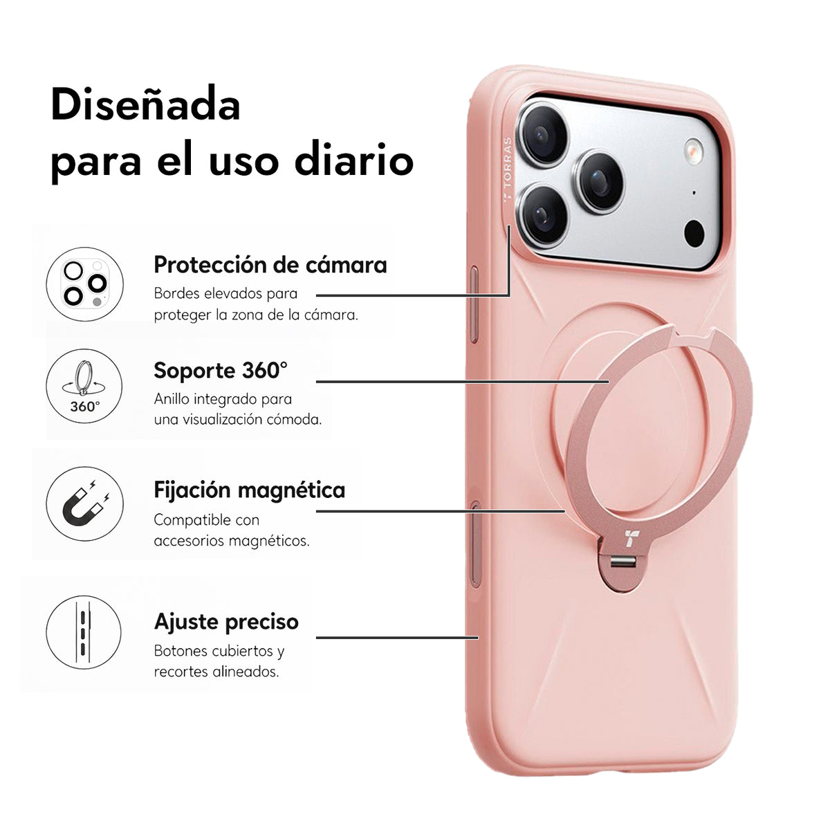 TORRAS Funda Ostand Spin Softune Series con Soporte para iPhone 17 Pro Max/18 Pro Max Compatible con MagSafe, Rosa