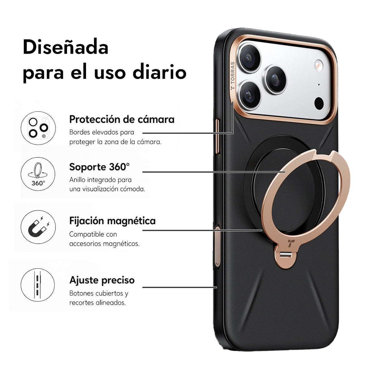 TORRAS Funda Ostand Spin VegSkin Series con Soporte para iPhone 17 Pro Max/18 Pro Max Compatible con MagSafe, Negro