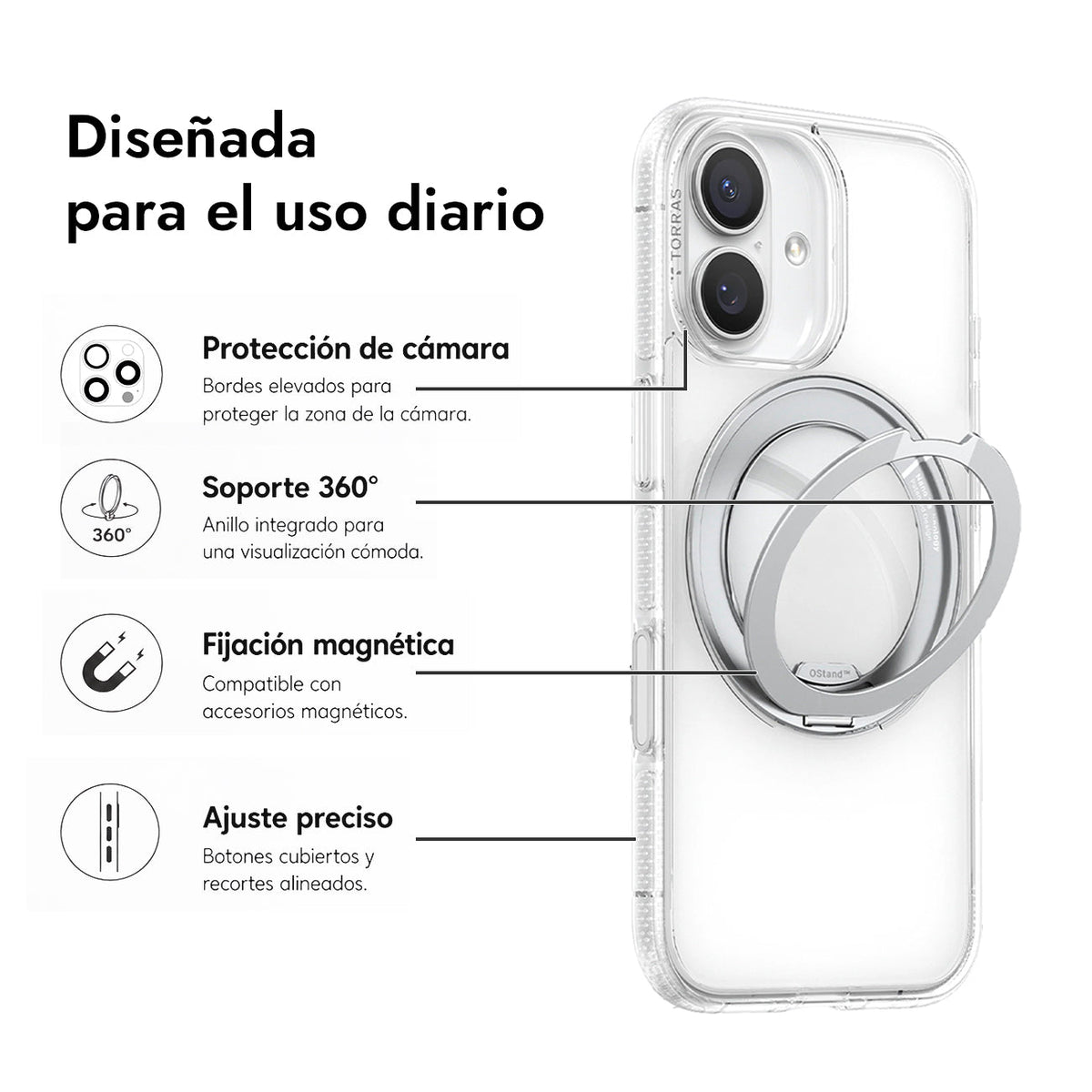TORRAS Funda Ostand R Fitness Series con Soporte para iPhone 17 Compatible con MagSafe, Transparente