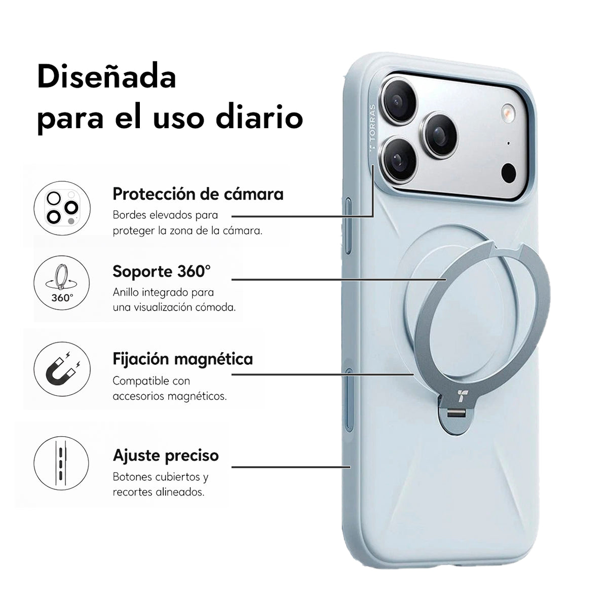 TORRAS Funda Ostand Spin Softune Series con Soporte para iPhone 17 Pro/18 Pro Compatible con MagSafe, Azul Bebé