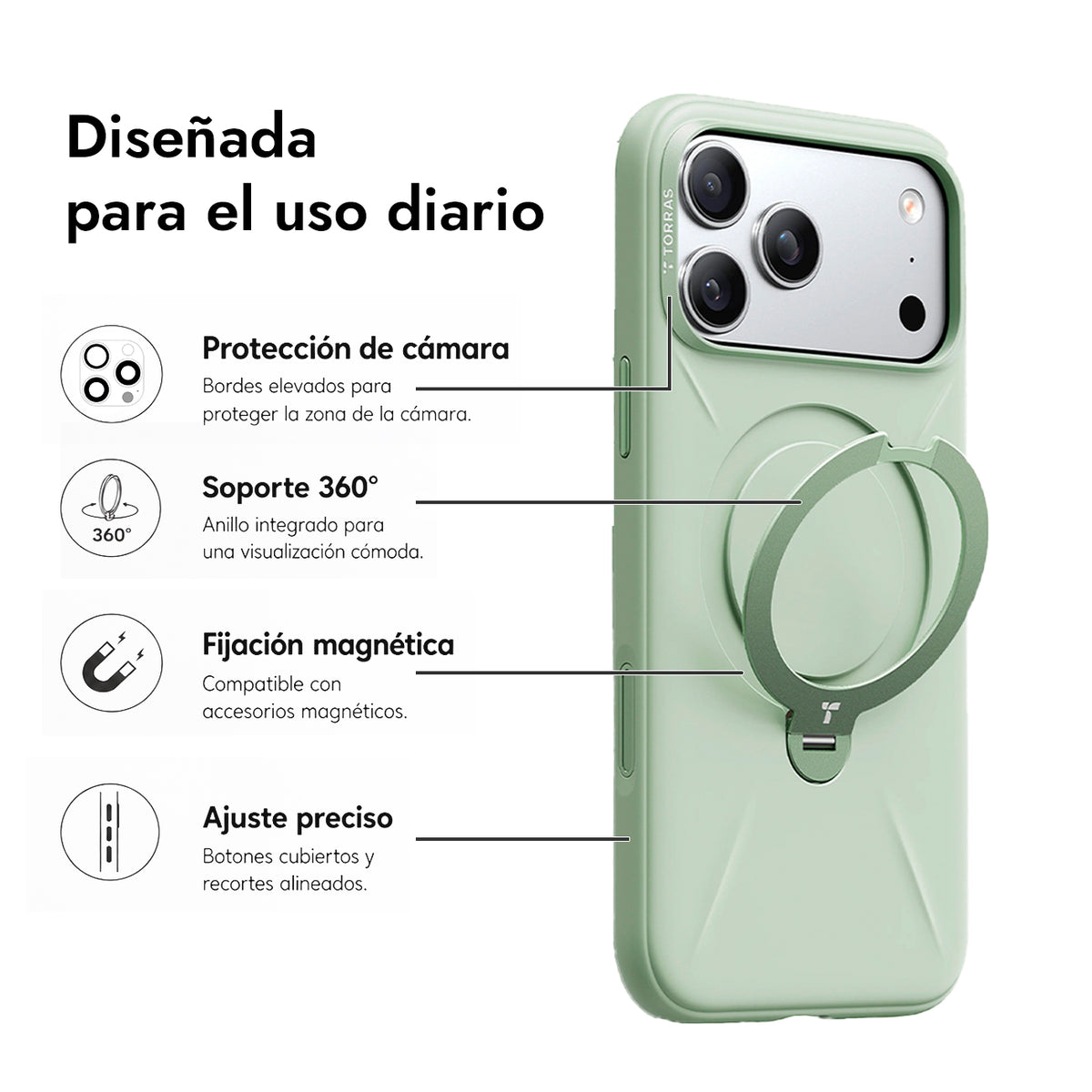 TORRAS Funda Ostand Spin Softune Series con Soporte para iPhone 17 Pro Max/18 Pro Max Compatible con MagSafe, Verde