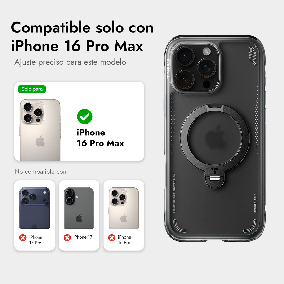 TORRAS Funda Ostand Spin Air Series con Soporte para iPhone 16 Pro Max Compatible con MagSafe, Shadow Black