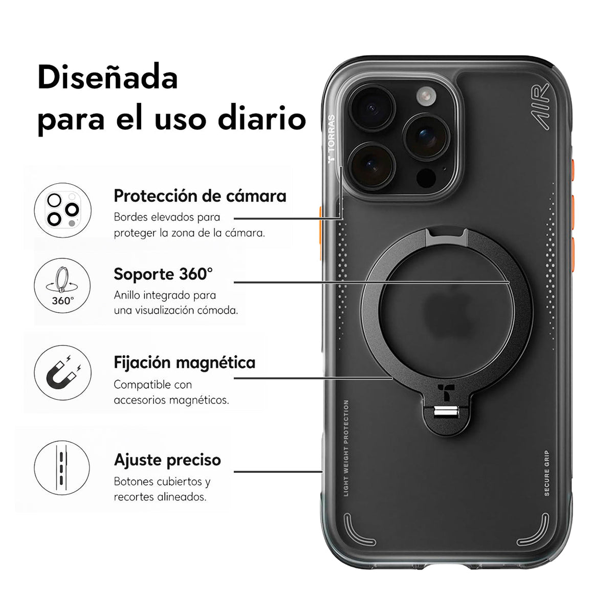 TORRAS Funda Ostand Spin Air Series con Soporte para iPhone 16 Pro Max Compatible con MagSafe, Shadow Black