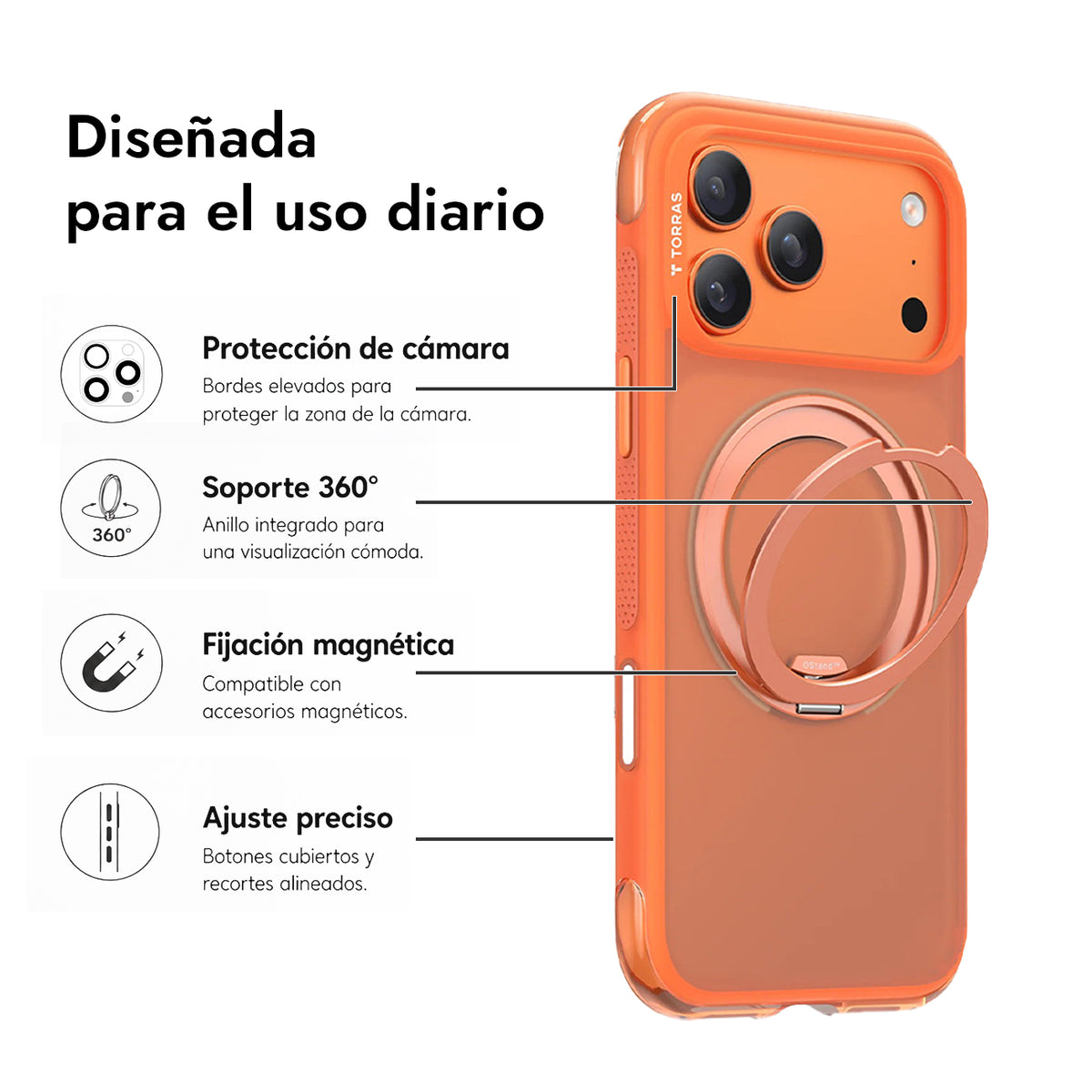 TORRAS Funda O3 Air con Soporte Giratorio para iPhone 17 Pro/18 Pro Compatible con MagSafe, Naranja Cósmico