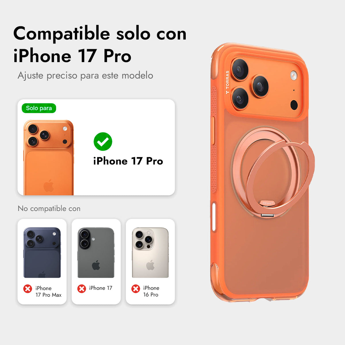 TORRAS Funda O3 Air con Soporte Giratorio para iPhone 17 Pro/18 Pro Compatible con MagSafe, Naranja Cósmico