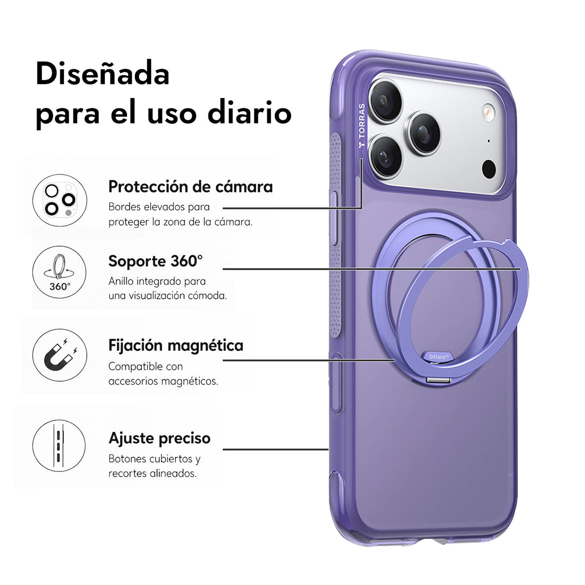 TORRAS Funda O3 Air con Soporte Giratorio para iPhone 17 Pro/18 Pro Compatible con MagSafe, Violeta