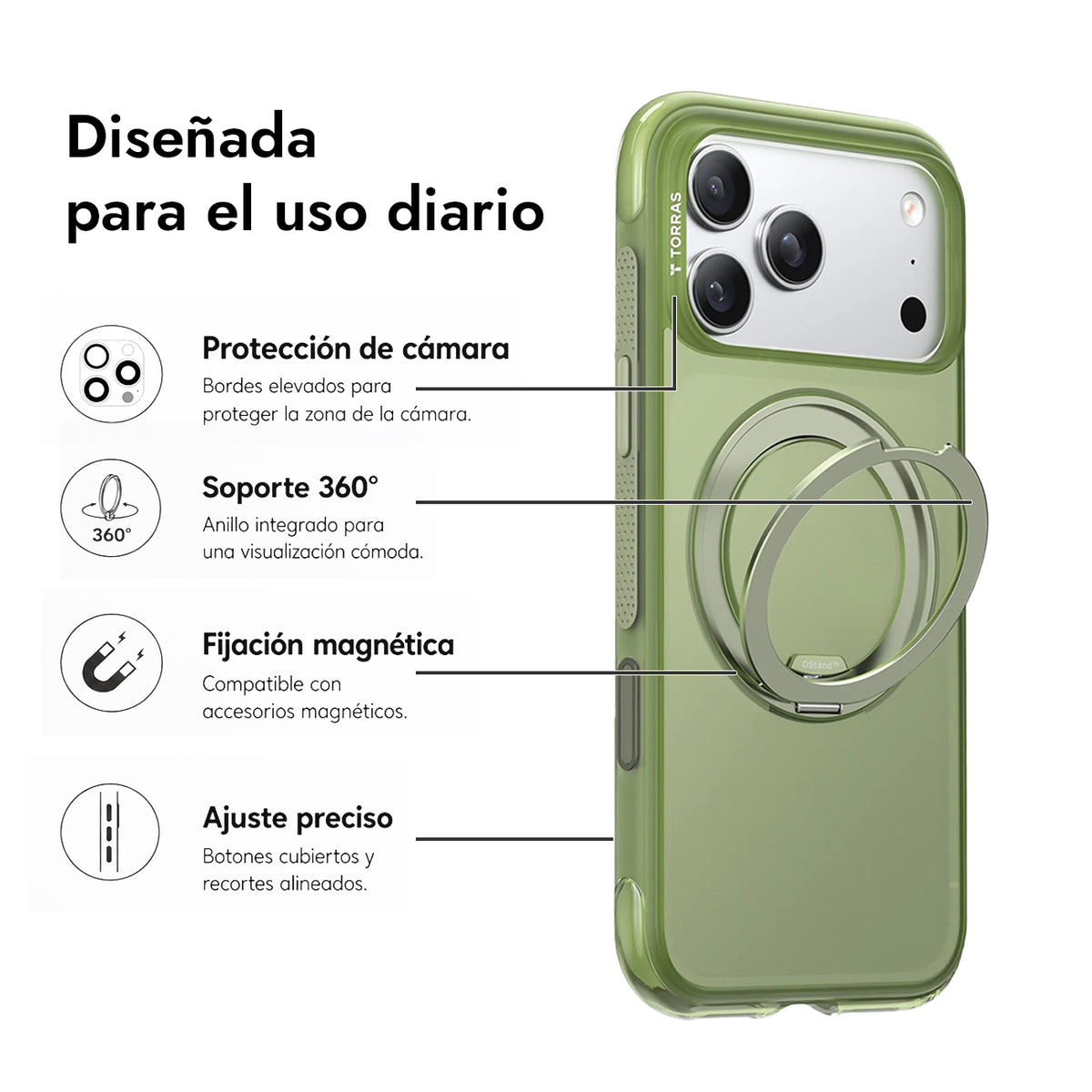 TORRAS Funda O3 Air con Soporte Giratorio para iPhone 17 Pro/18 Pro Compatible con MagSafe, Verde Bosque