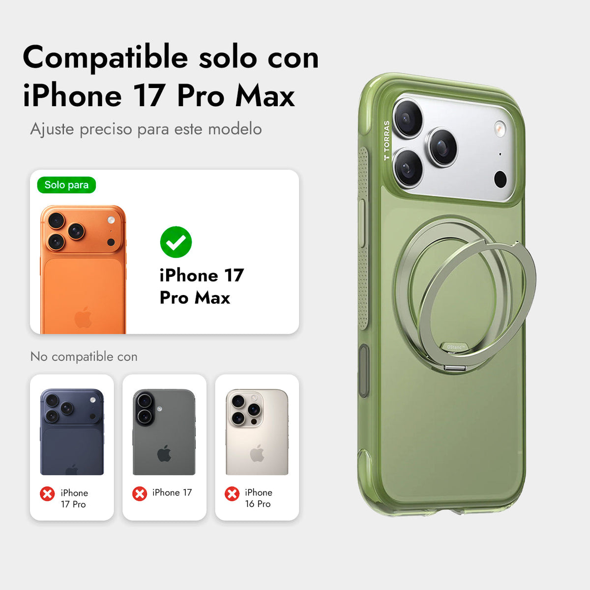 TORRAS Funda O3 Air con Soporte Giratorio para iPhone 17 Pro Max/18 Pro Max Compatible con MagSafe, Verde Bosque