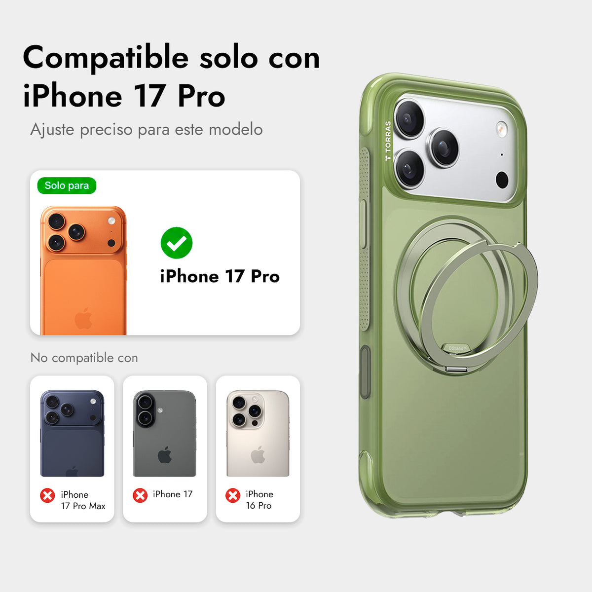 TORRAS Funda O3 Air con Soporte Giratorio para iPhone 17 Pro/18 Pro Compatible con MagSafe, Verde Bosque