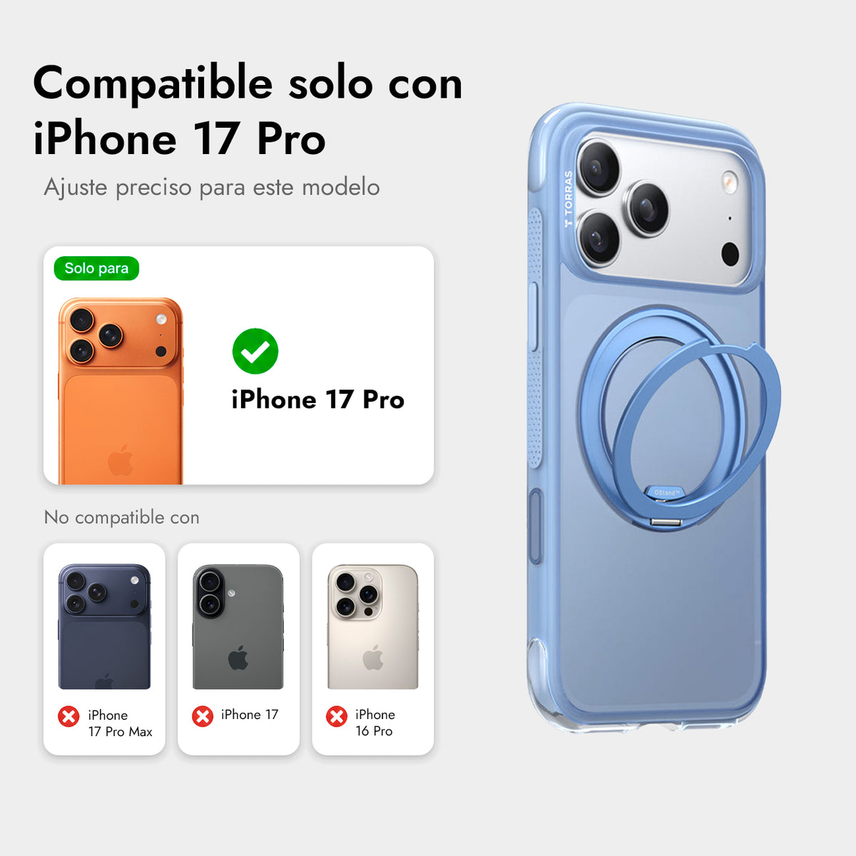 TORRAS Funda O3 Air con Soporte Giratorio para iPhone 17 Pro/18 Pro Compatible con MagSafe, Azul Island
