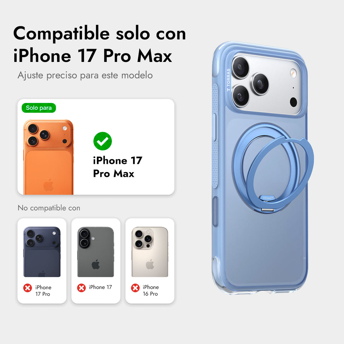 TORRAS Funda O3 Air con Soporte Giratorio para iPhone 17 Pro Max/18 Pro Max Compatible con MagSafe, Azul Island