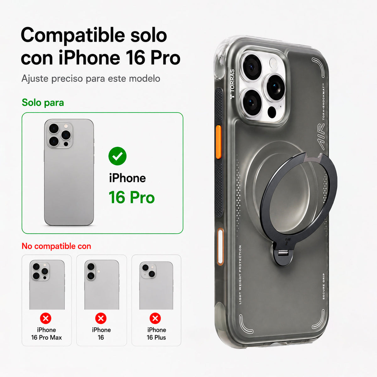 TORRAS Funda Ostand Spin Air Series con Soporte para iPhone 16 Pro Compatible con MagSafe, Negro