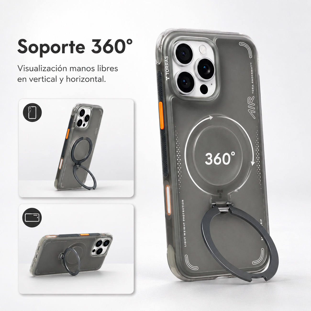 TORRAS Funda Ostand Spin Air Series con Soporte para iPhone 16 Pro Compatible con MagSafe, Negro