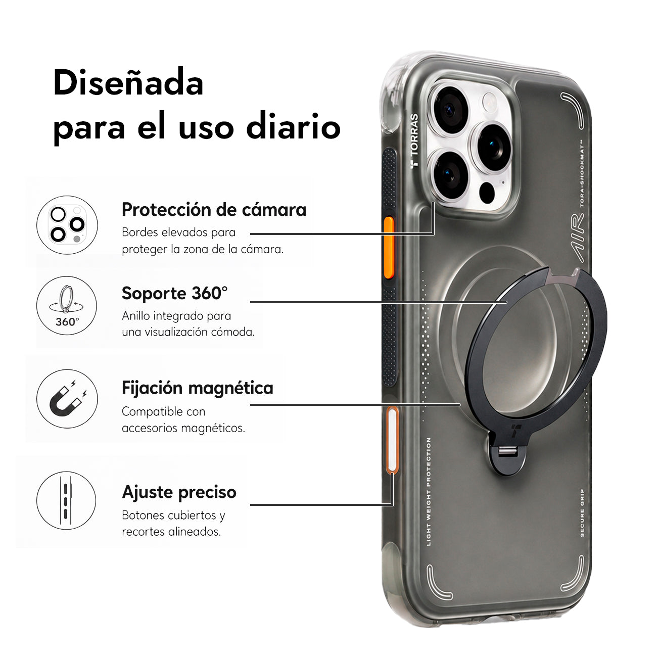 TORRAS Funda Ostand Spin Air Series con Soporte para iPhone 16 Pro Compatible con MagSafe, Negro