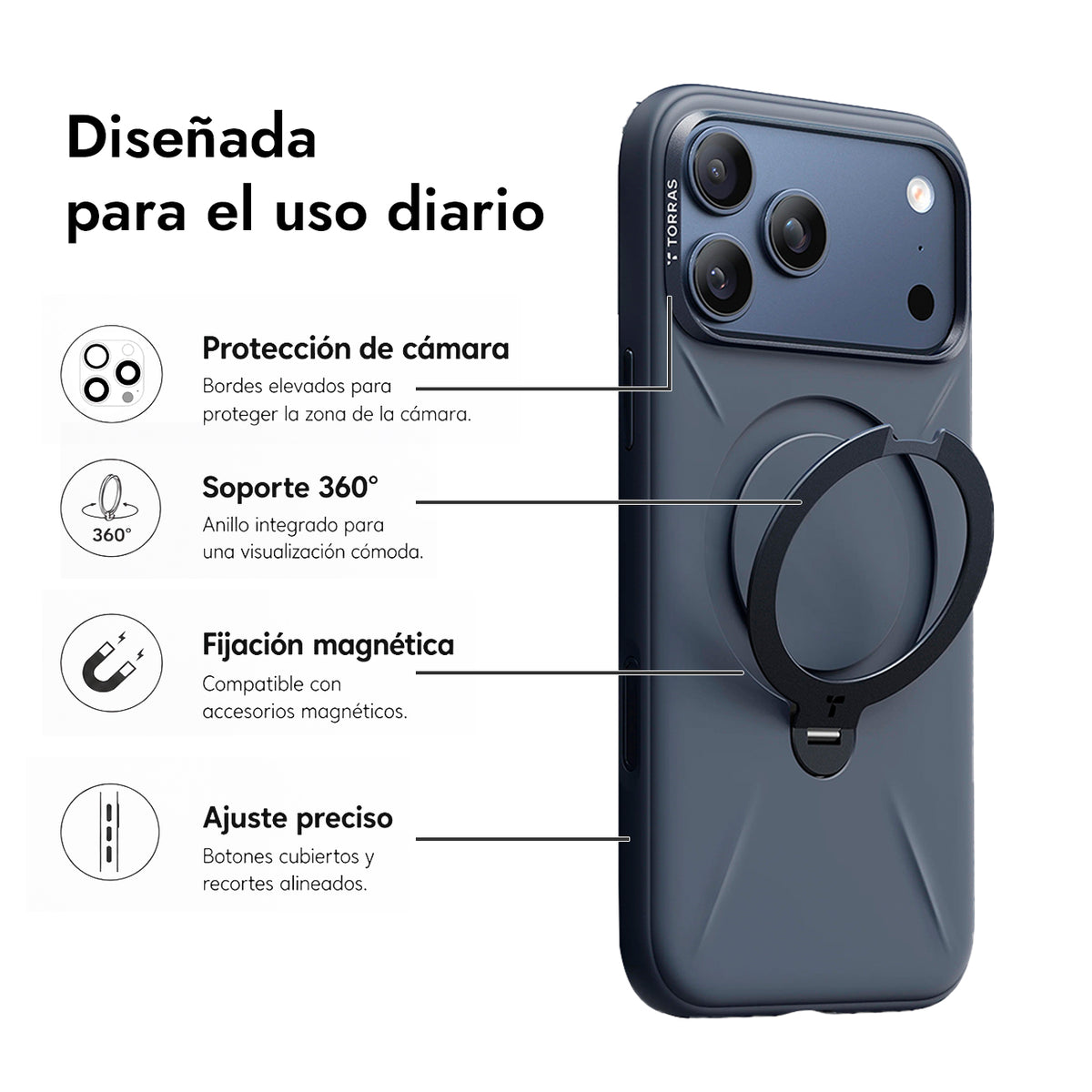 TORRAS Funda Ostand Spin Softune Series con Soporte para iPhone 17 Pro/18 Pro Compatible con MagSafe, Azul Marino