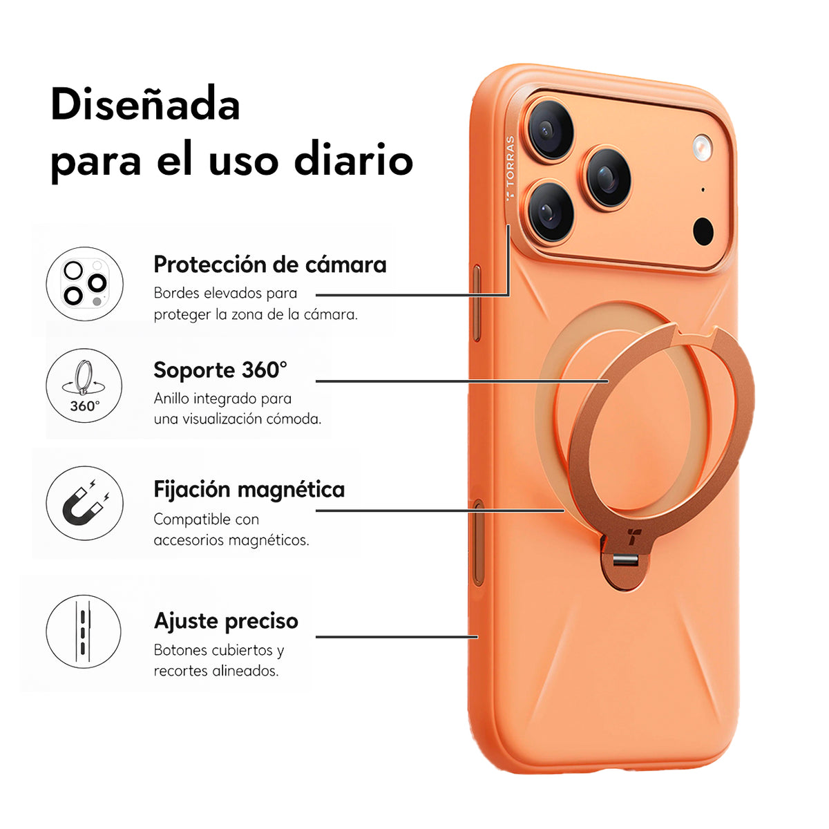 TORRAS Funda Ostand Spin Softune Series con Soporte para iPhone 17 Pro/18 Pro Compatible con MagSafe, Naranja
