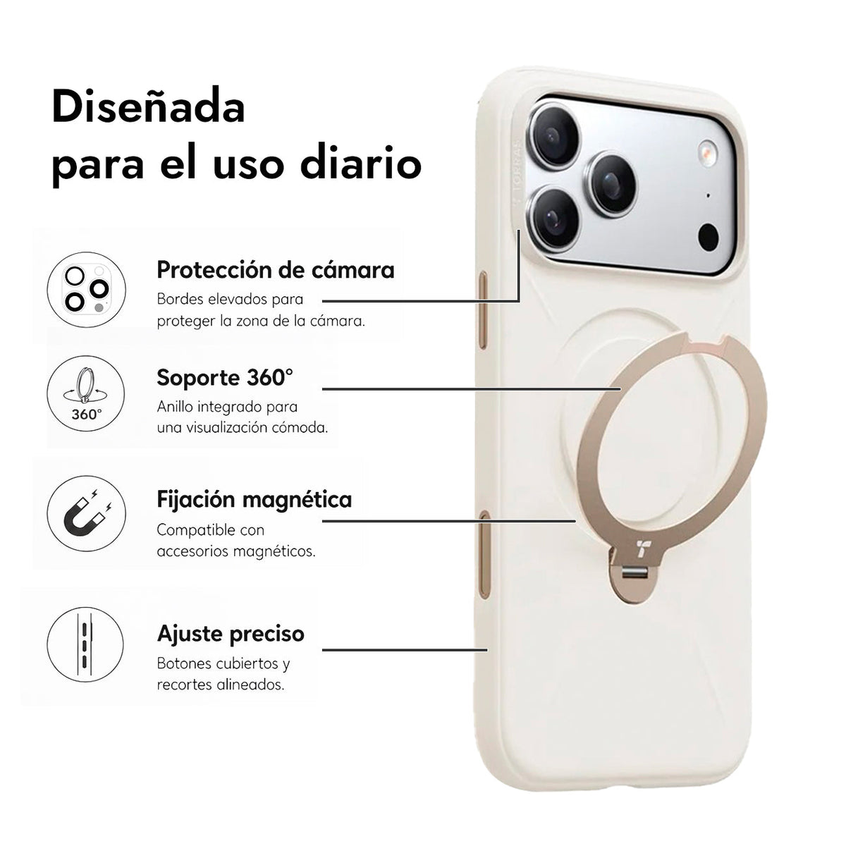 TORRAS Funda Ostand Spin Softune Series con Soporte para iPhone 17 Pro/18 Pro Compatible con MagSafe, Blanco
