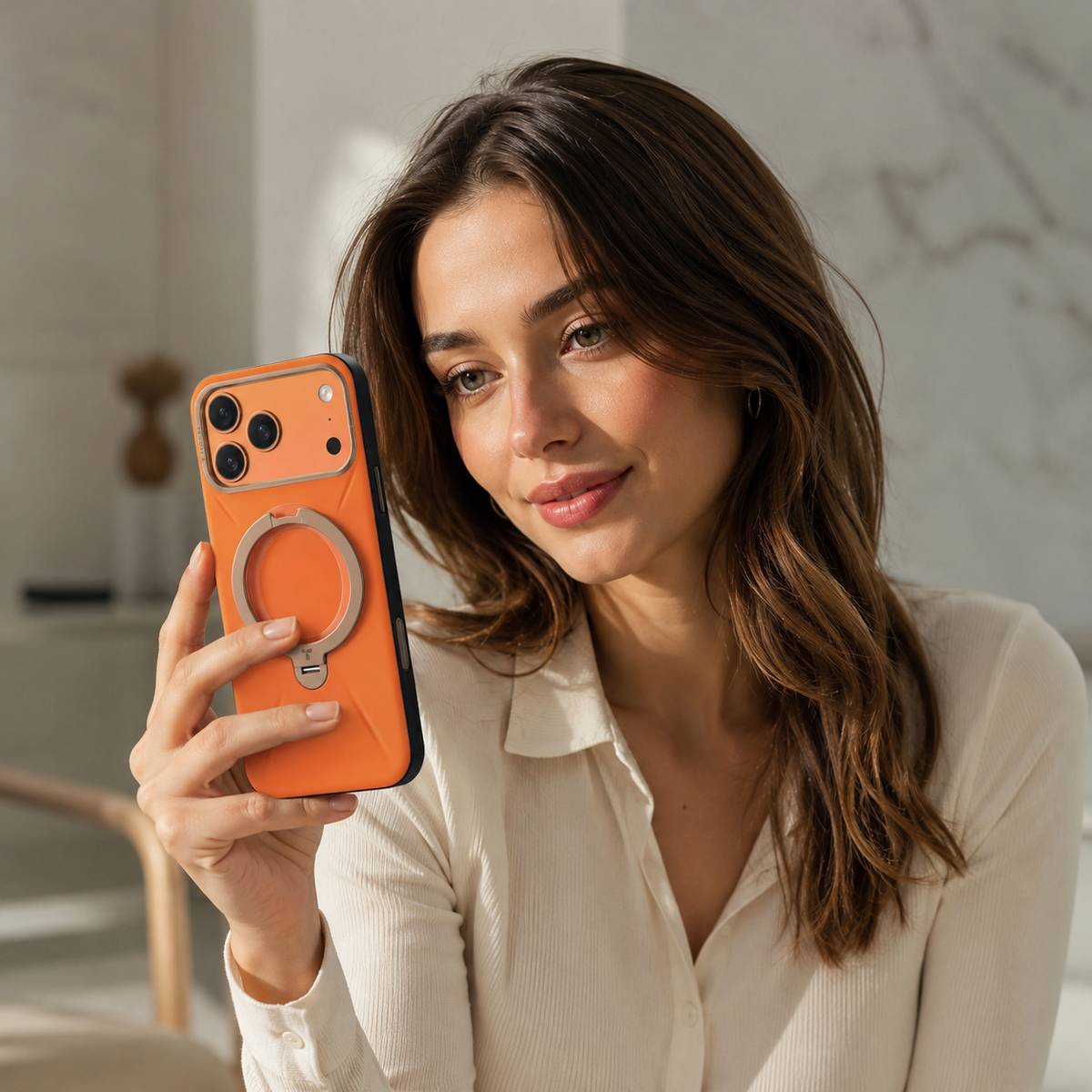 TORRAS Funda Ostand Spin VegSkin Series con Soporte para iPhone 17 Pro Max/18 Pro Max Compatible con MagSafe, Naranja