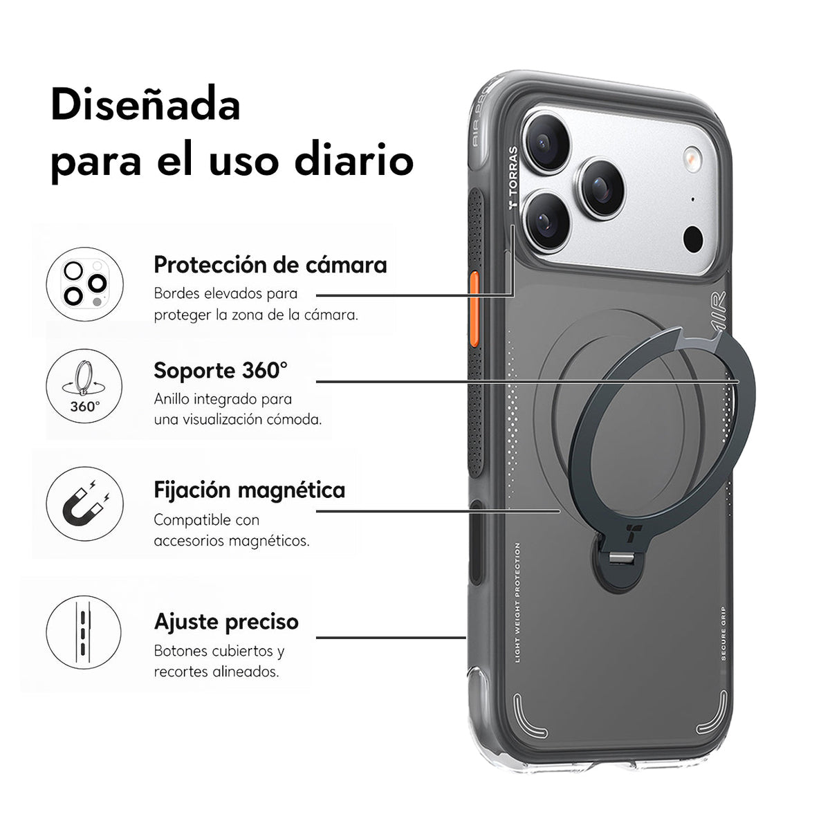 TORRAS Case for iPhone 17 Pro - MagSafe Compatible Case with Rotatable Ostand Q3 Air Black, Protection and Precise Fit