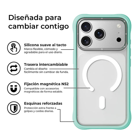 YOUNGKIT Funda Dynamic II para iPhone 17 Pro Max Compatible con MagSafe, Marco de Silicona y Trasera Removible, Transparente Azul Glacier