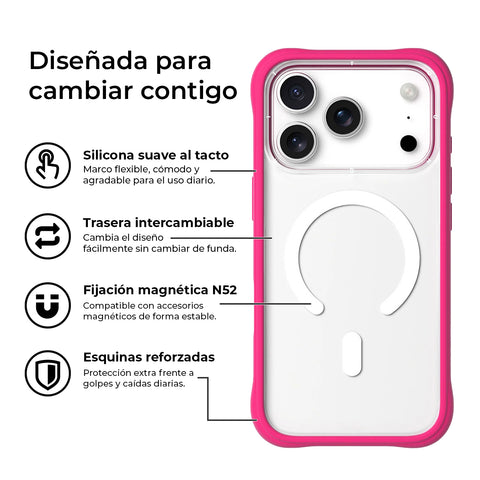 YOUNGKIT Funda Dynamic II para iPhone 17 Pro Compatible con MagSafe, Marco de Silicona y Trasera Removible, Transparente Rosa Barbie