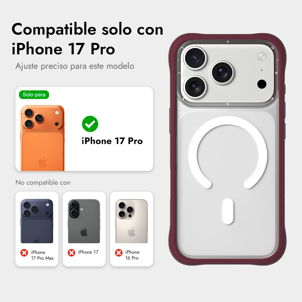 YOUNGKIT Funda Dynamic II para iPhone 17 Pro/18 Pro Compatible con MagSafe, Transparente Rojo Cherry