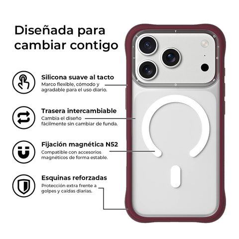 YOUNGKIT Funda Dynamic II para iPhone 17 Pro Max Compatible con MagSafe, Marco de Silicona y Trasera Removible, Transparente Rojo Cherry