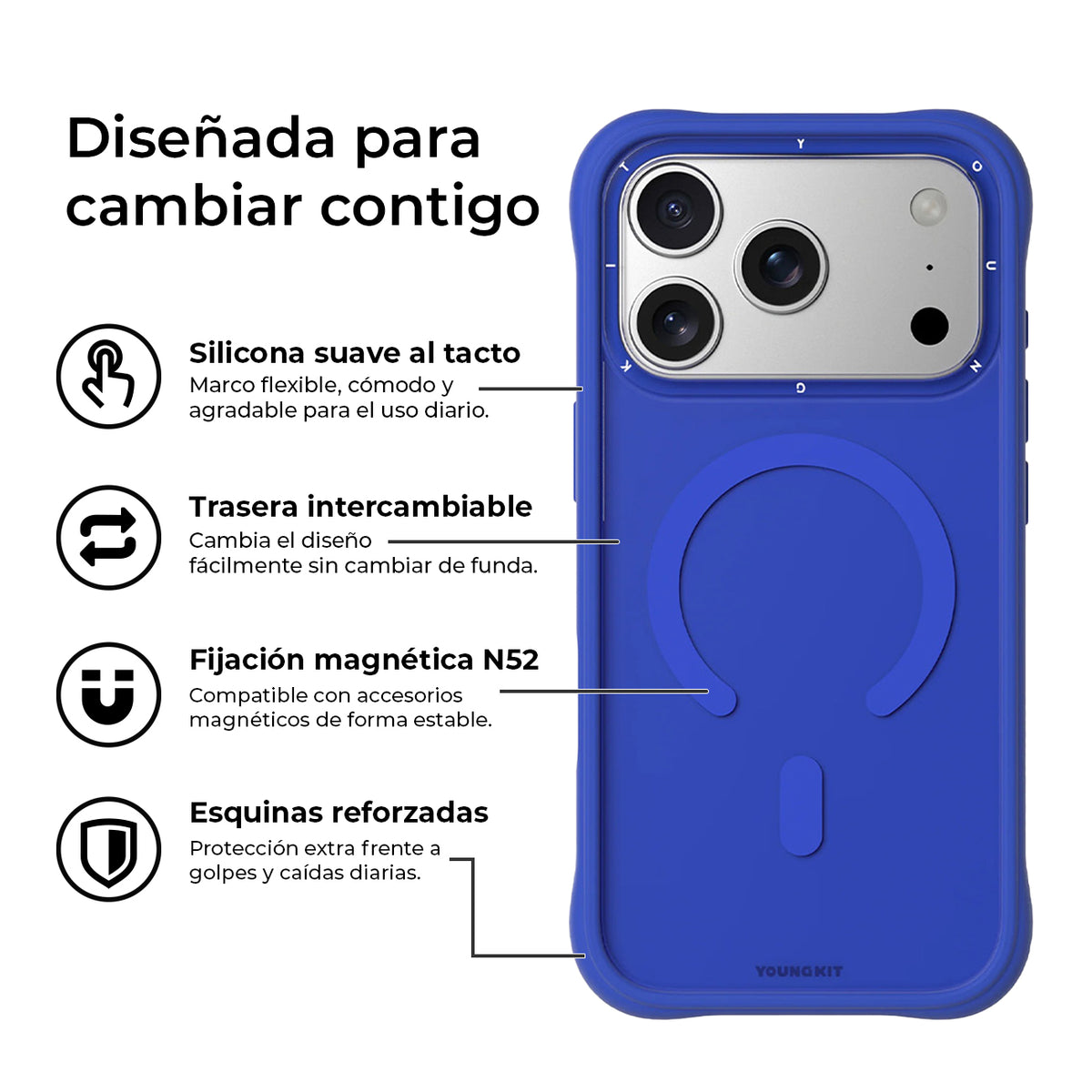 YOUNGKIT Funda Dynamic II para iPhone 17 Pro Max/18 Pro Max Compatible con MagSafe, Azul Klein