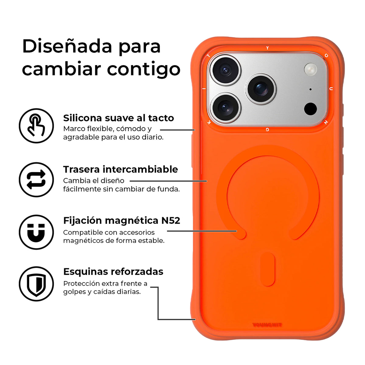 YOUNGKIT Funda Dynamic II para iPhone 17 Pro Max/18 Pro Max Compatible con MagSafe, Naranja