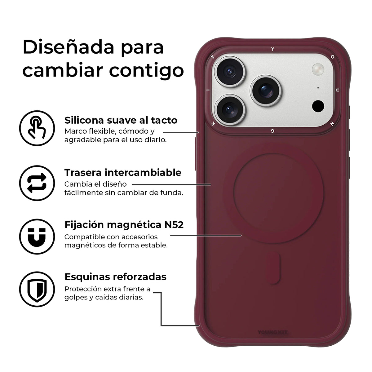 YOUNGKIT Funda Dynamic II para iPhone 17 Pro/18 Pro Compatible con MagSafe, Rojo Cherry