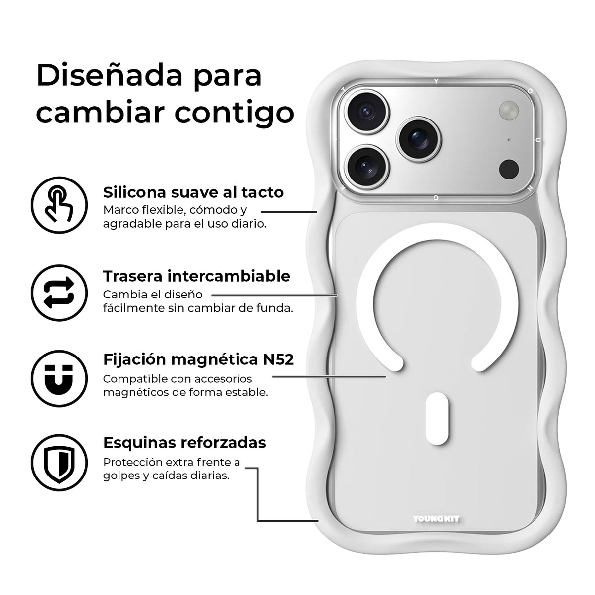 YOUNGKIT Funda Dynamic II Wavy para iPhone 17 Pro/18 Pro Compatible con MagSafe, Transparente Blanco