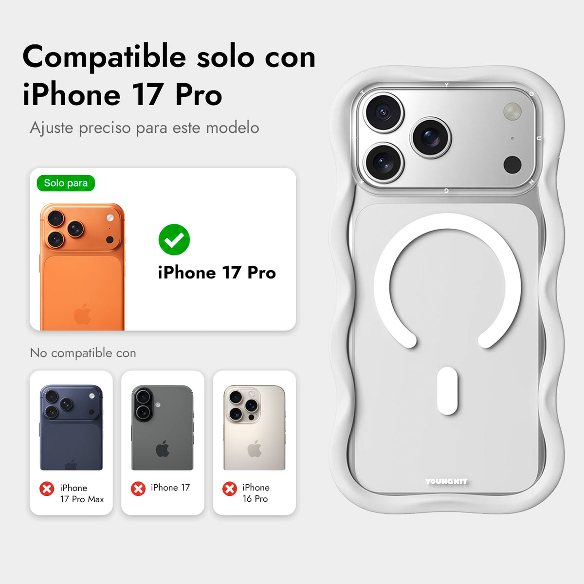 YOUNGKIT Funda Dynamic II Wavy para iPhone 17 Pro/18 Pro Compatible con MagSafe, Transparente Blanco
