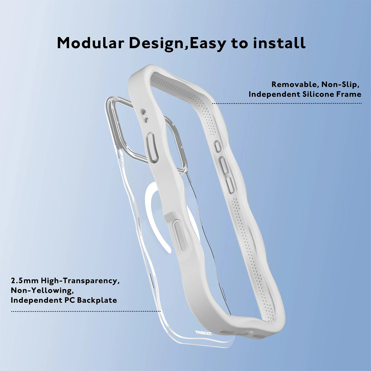 YOUNGKIT Funda Dynamic II Wavy para iPhone 17 Pro Max/18 Pro Max Compatible con MagSafe, Transparente Blanco