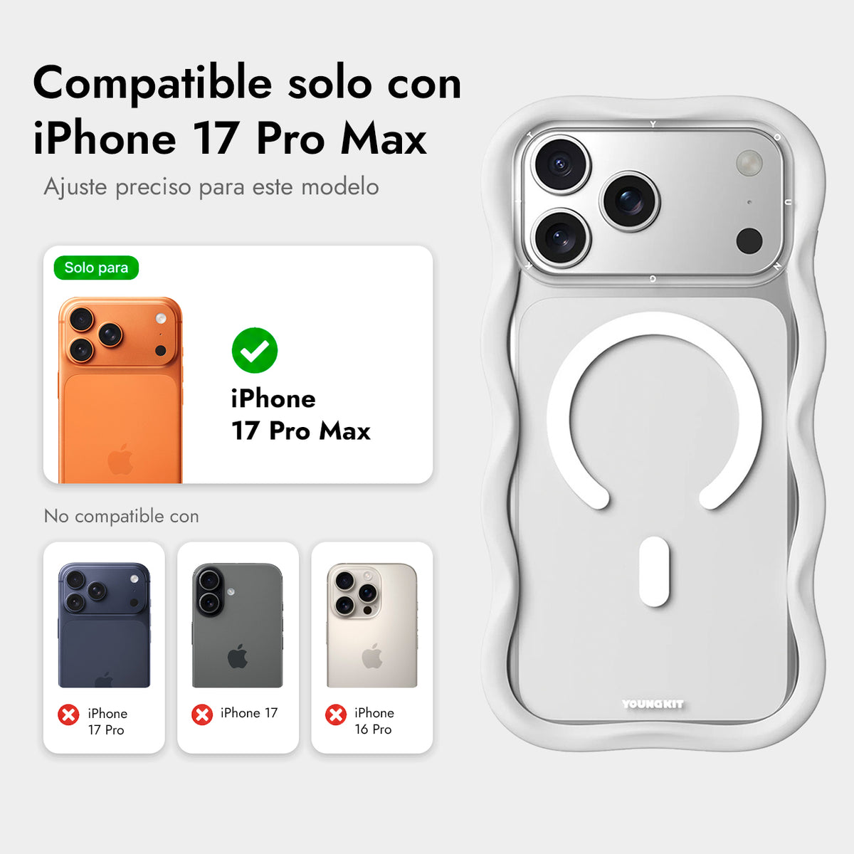YOUNGKIT Funda Dynamic II Wavy para iPhone 17 Pro Max/18 Pro Max Compatible con MagSafe, Transparente Blanco