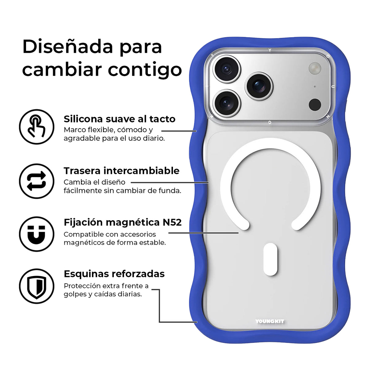 YOUNGKIT Funda Dynamic II Wavy para iPhone 17 Pro/18 Pro Compatible con MagSafe, Transparente Azul Glacier