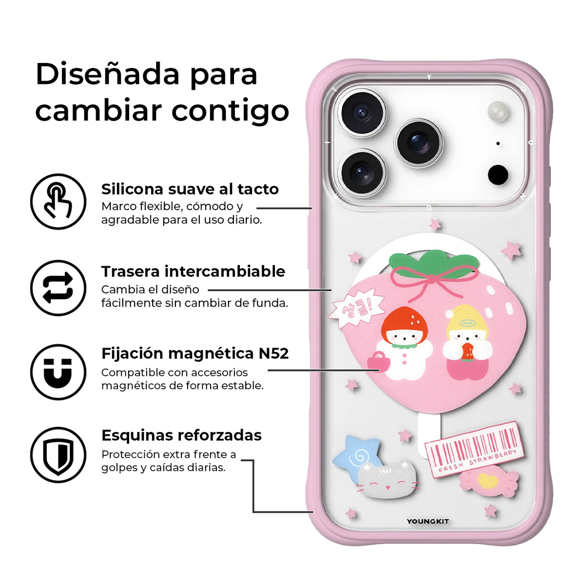 YOUNGKIT Funda Sweetheart Express para iPhone 17 Pro/18 Pro Compatible con MagSafe, The Strawberry Squad